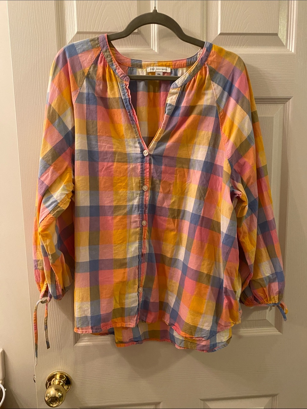 Free Assembly Pastel Plaid Button-Up Blouse in Yellow, Pink & Blue